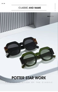 Detail of round color-blocking sunglasses with thick frames and tortoise shell accents