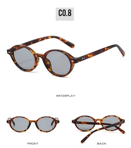 Three-angle view of retro round tortoiseshell sunglasses with dark grey lenses