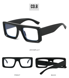 Three-view display of black square frame sunglasses showing front, back, and 45-degree angle