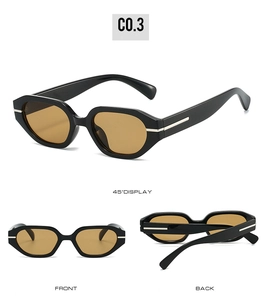 Black geometric sunglasses with amber lenses shown from front, back, and 45-degree angles