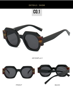 Detail view of hexagonal black frames with tortoiseshell hinge and dark lenses