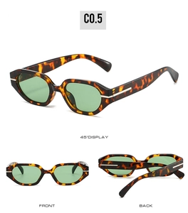 Three-view layout of retro narrow tortoiseshell sunglasses with green lenses and metal trim