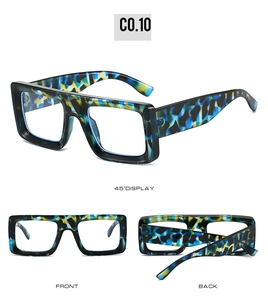 Detailed views of square frame sunglasses with blue and yellow tortoiseshell texture