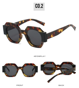 Multi-angle view of round color-block sunglasses with vintage leopard pattern frames