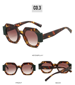 Detailed views of round tortoiseshell sunglasses with green color-blocking on the temples