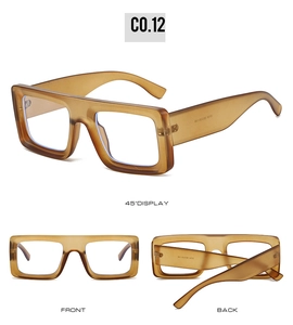 Detail view of matte caramel square frame sunglasses showing front, back, and 45-degree angles