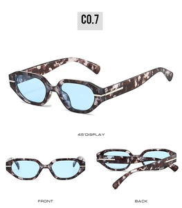 Detail view of tortoiseshell frame narrow sunglasses with blue lenses from three angles