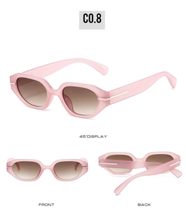 Three-angle view of pink translucent geometric sunglasses with silver temple accents