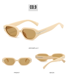 Three perspectives of beige polygonal sunglasses with brown lenses and metal temple detail