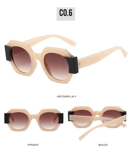 Detailed views of round geometric two-tone sunglasses with gradient lenses and black hinges