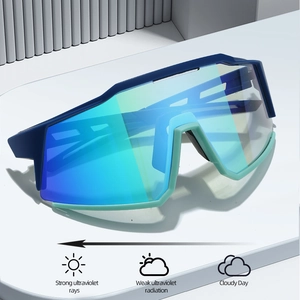 Cycling sunglasses with colorful mirror lens and blue frame for UV protection