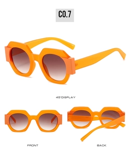 Three-view display of orange hexagonal sunglasses with brown gradient lenses