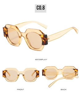 Detailed views of vintage hexagonal sunglasses with amber frames and tortoiseshell accents