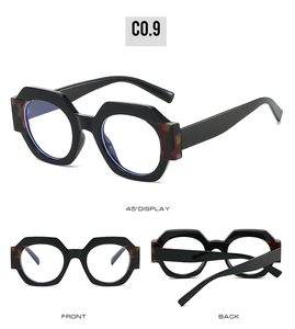 Three-view detail of round color-block sunglasses with leopard print accents and UV protection