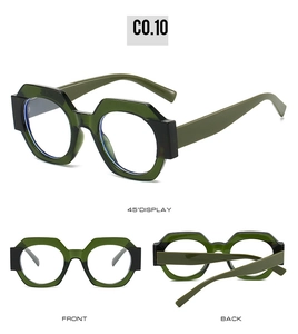 Three-angle view of round color-block sunglasses with thick frames and UV protection