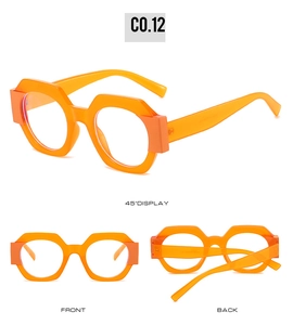 Three-angle view of bright orange hexagonal sunglasses showing front and side details