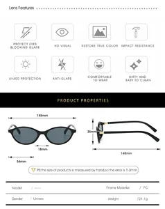 Detailed size specifications for oval sunglasses with PC frame measurements and dimensions