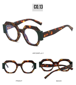 Three-view display of tortoise-shell geometric sunglasses with dark green accents