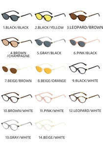 Detailed grid of oval sunglasses in 14 vintage colors with sleek acetate frames