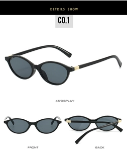 Detail view of oval black sunglasses featuring gold metal hinges and grey lenses from multiple angles