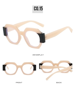 Multi-angle view of round color-block sunglasses with hexagonal geometric frame design