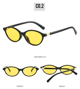 Detailed views of oval black frame sunglasses with yellow lenses from multiple angles