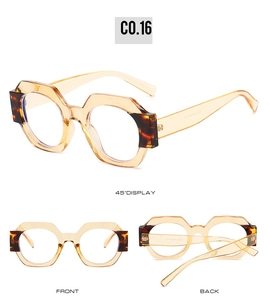 Detailed views of geometric round sunglasses featuring transparent tea and tortoiseshell frames