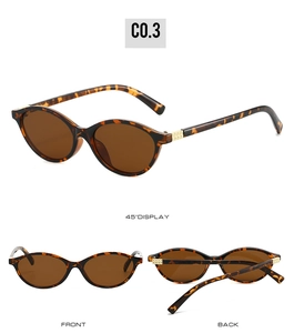 Three views of leopard print oval sunglasses with brown lenses and metal dot details