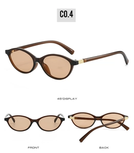 Detailed views of brown oval sunglasses featuring hollow gold metal hinge ornaments