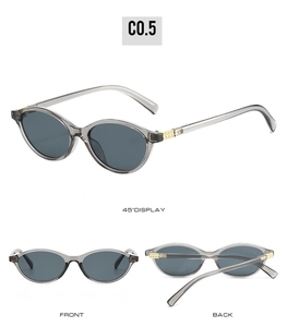 Three views of oval retro sunglasses showing 45-degree angle, front and back layout
