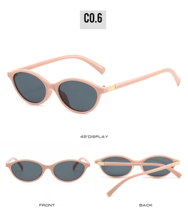 Detailed views of pink oval sunglasses with gold rivets and dark grey lenses