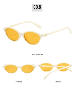 Detailed views of oval cream sunglasses with orange lenses and gold rivet accents
