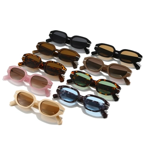 Retro oval sunglasses in various colors with thick frames and metal hinge details