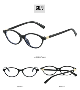 Detailed multi-angle view of oval sunglasses featuring gold hinge accents and black frames