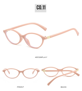 Three-way view of pink oval glasses with gold square accents and clear lenses