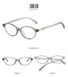 Three angles of grey oval sunglasses with golden rivet accents and transparent frames