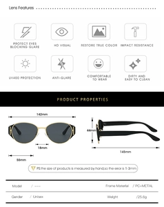 Detailed size chart and specifications for cat eye sunglasses with UV400 protection