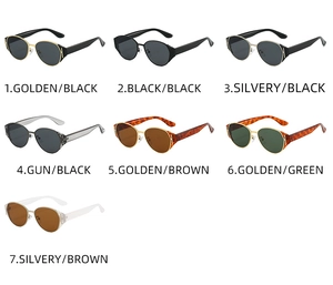 Detailed grid of cat eye sunglasses showing seven color variants with metal frames