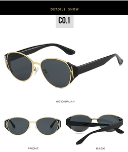 Detailed views of vintage cat-eye sunglasses with golden H-hinge and UV lenses