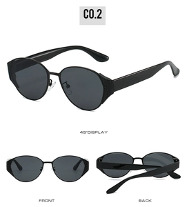 Three-angle view showing front, back and 45-degree side of black cat eye sunglasses