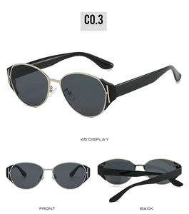 Detail view of cat eye sunglasses with H-shaped metal hinges and dark grey lenses