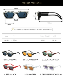Detailed size specifications and color variants of diamond rectangular sunglasses