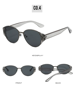 Three-angle view of vintage oval sunglasses with grey lenses and transparent frames