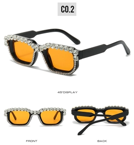 Three-view display of vintage square sunglasses with rhinestone-encrusted black frames