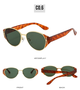 Three-view display of vintage cat-eye sunglasses with gold frames and tortoiseshell temples