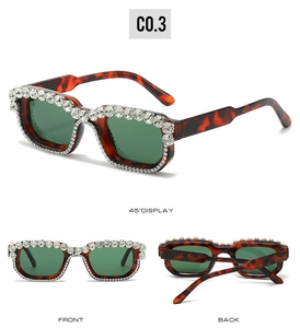 Detailed views of tortoiseshell sunglasses with crystal embellishments and green lenses