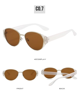 Detailed views of vintage cat-eye sunglasses with tea lenses and transparent side shields