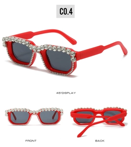 Detailed view of red square sunglasses with rhinestone-encrusted frame from three angles