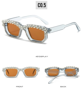 Detailed views of square Y2K sunglasses with blue crystal frames and orange lenses