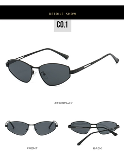 Detailed views of irregular metal frame sunglasses with dark lenses from multiple angles